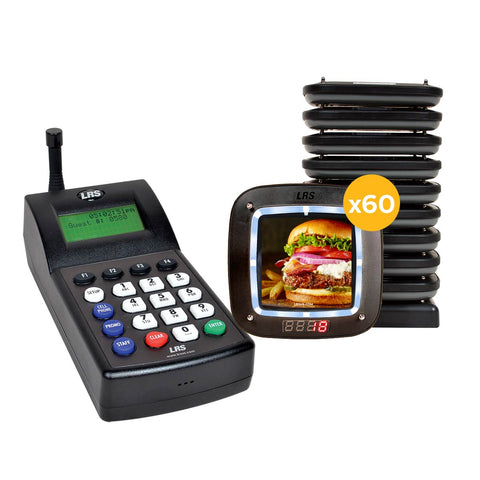 LRS pager kit with transmitter and stack of restaurant pagers