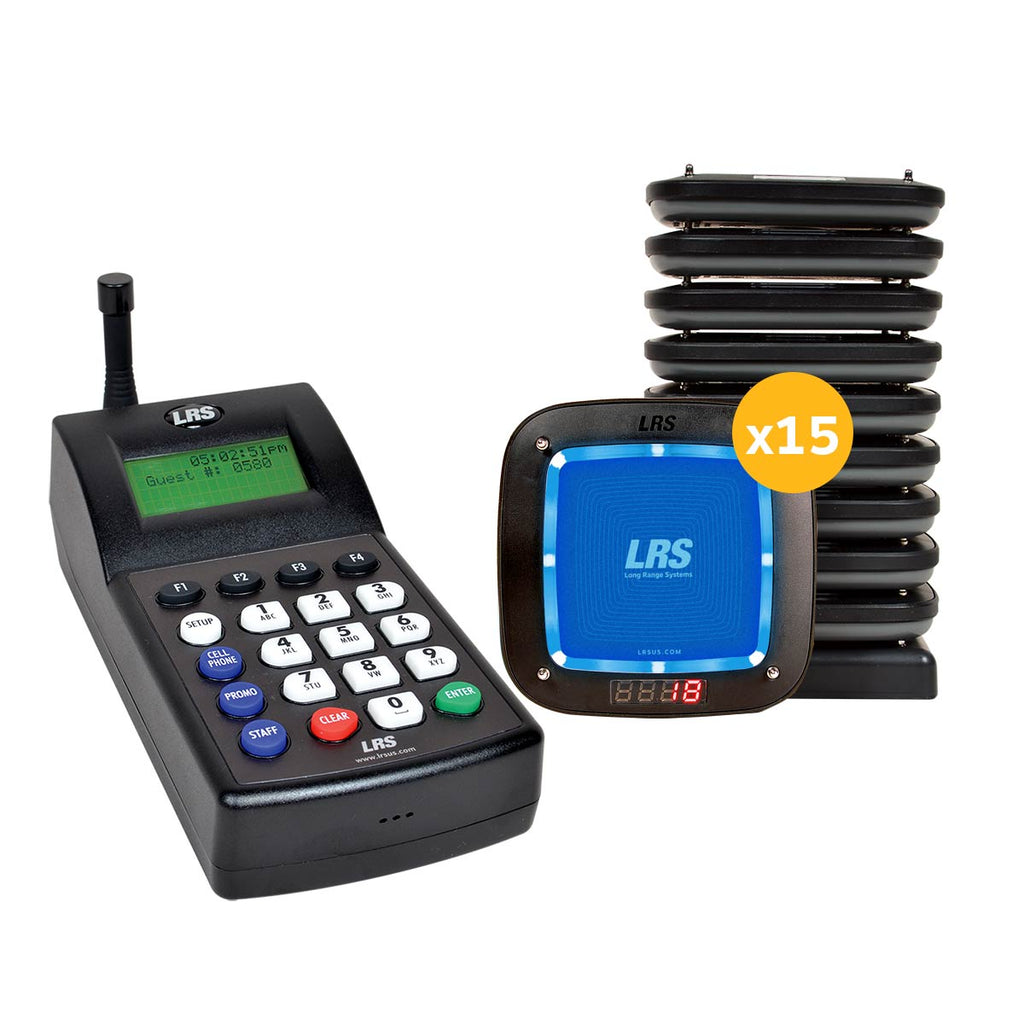 The LRS Connect Pro Guest Paging System (Guest Pager PRO Kit 15) in blue, with 15 pagers and the LRS Connect Transmitter for instant guest notification and list management.