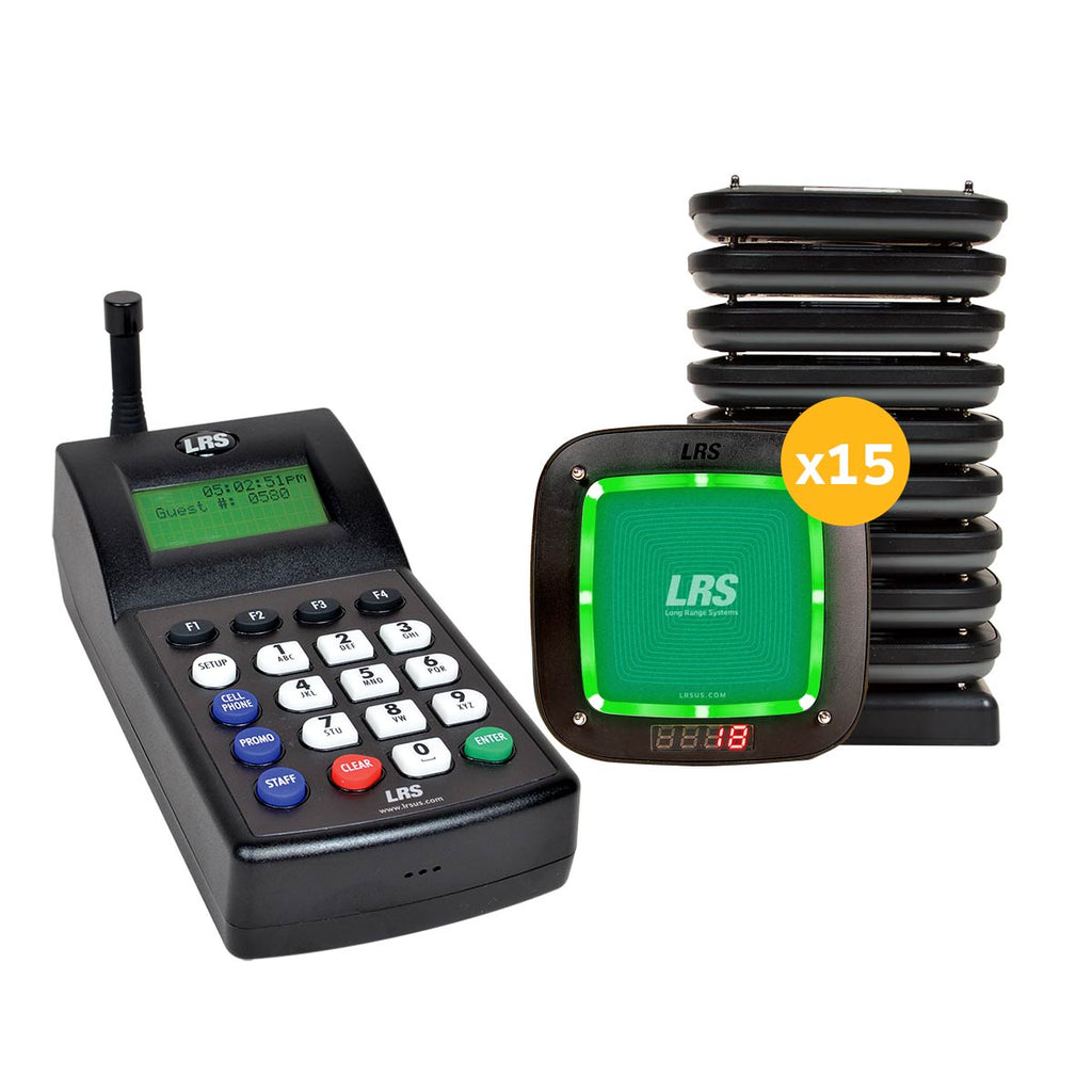 The LRS Connect Pro Guest Paging System (Guest Pager PRO Kit 15) in green, with 15 pagers and the LRS Connect Transmitter for instant guest notification and list management.