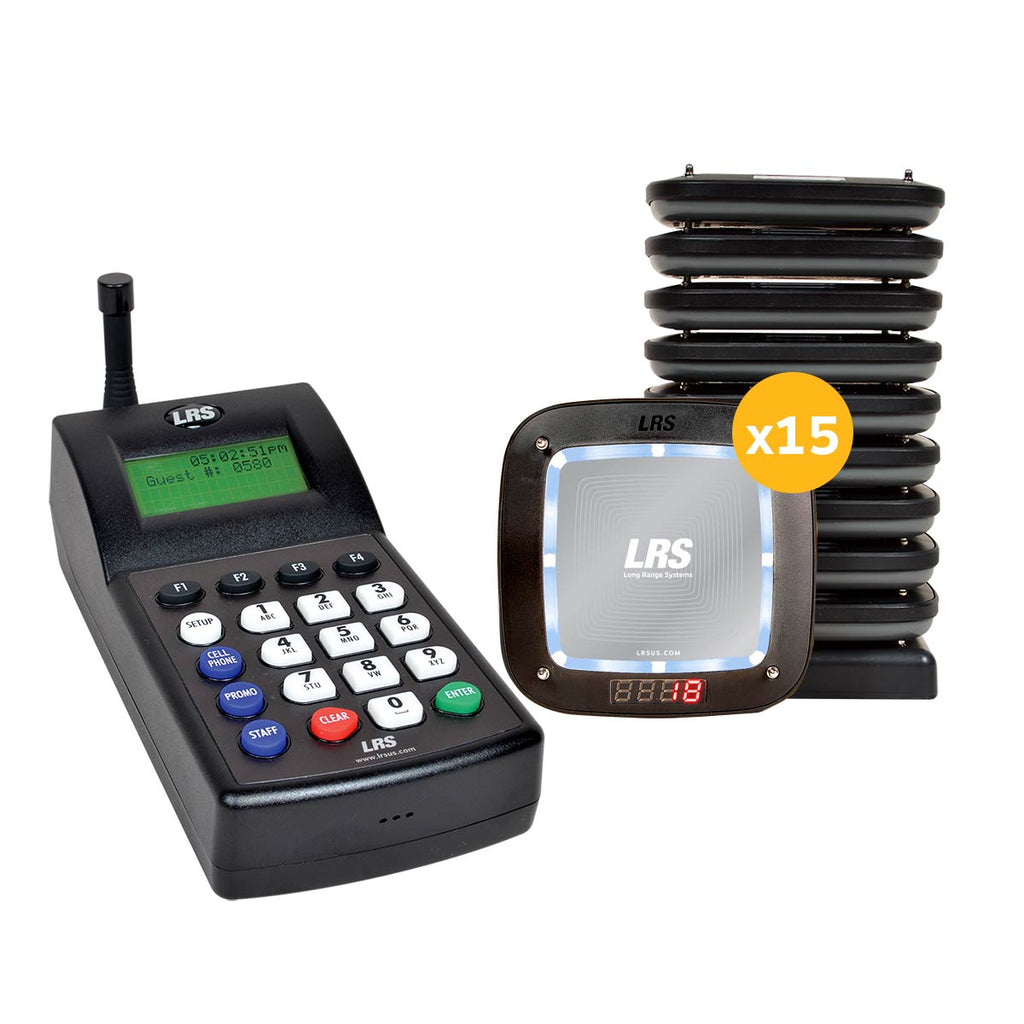 The LRS Connect Pro Guest Paging System (Guest Pager PRO Kit 15) in ice, with 15 pagers and the LRS Connect Transmitter for instant guest notification and list management.