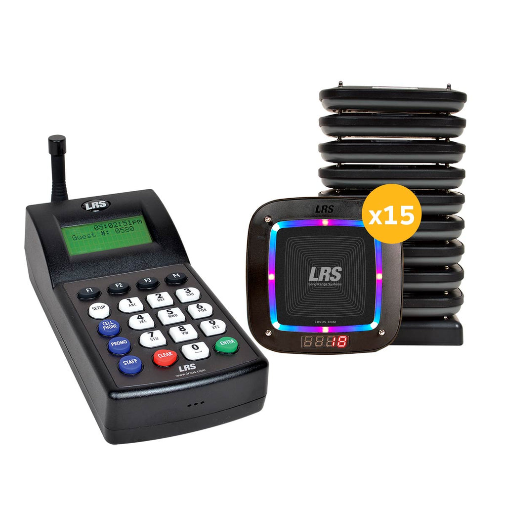 The LRS Connect Pro Guest Paging System (Guest Pager PRO Kit 15) in rainbow, with 15 pagers and the LRS Connect Transmitter for instant guest notification and list management.