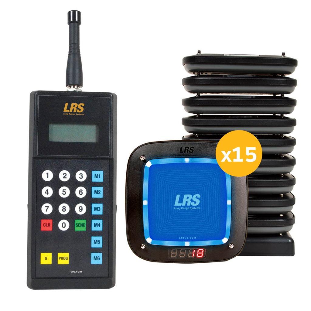 An image of the LRS Guest Paging PRO System (Guest Pager PRO Kit 15 MT) in blue, with 15 pagers and the LRS Guest Transmitter for instant guest notification and list management.