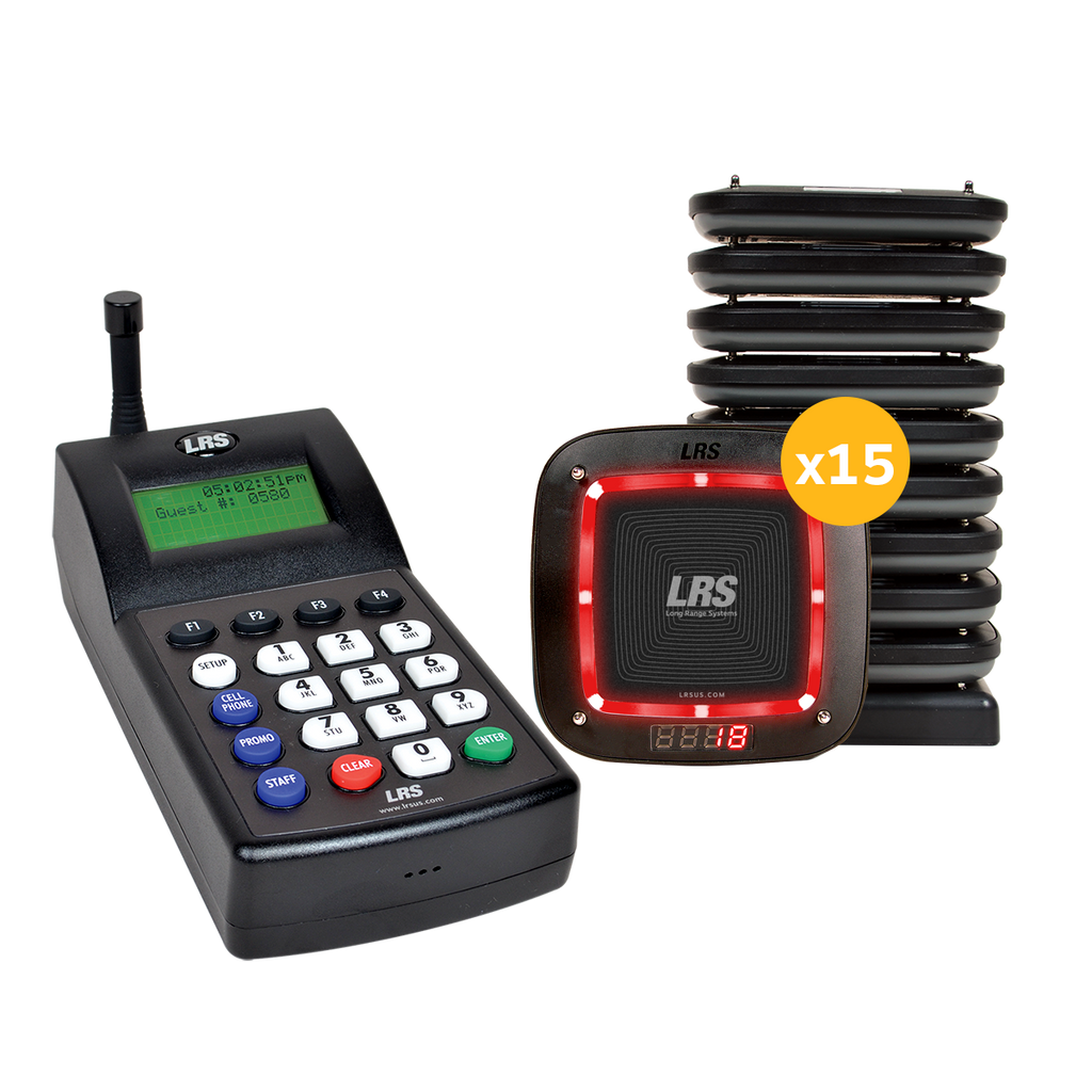 The LRS Connect Pro Guest Paging System (Guest Pager PRO Kit 15) in red, with 15 pagers and the LRS Connect Transmitter for instant guest notification and list management.