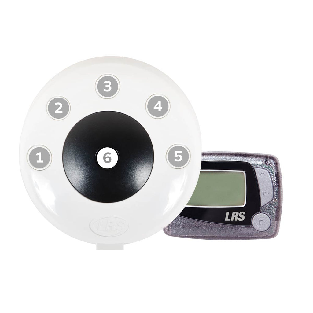 An image of the LRS Pronto Six-Button Push-for-Service System with 1 Push-Button Device (PFS P5B Kit 1) for instant notification for customer service, manager assistance, back up, or clean up.